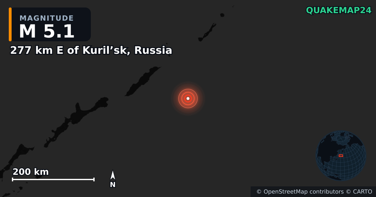 M5.1 earthquake near 277 km E of Kuril’sk, Russia on Oct 3, 2025 — map of epicenter and shaking intensity | QuakeMap24