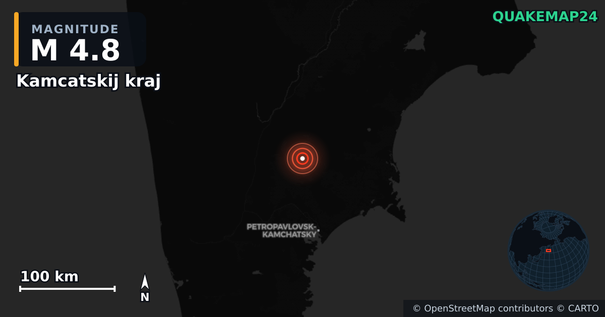 M4.8 earthquake near Kamcatskij kraj on Jul 20, 2025 — map of epicenter and shaking intensity | QuakeMap24
