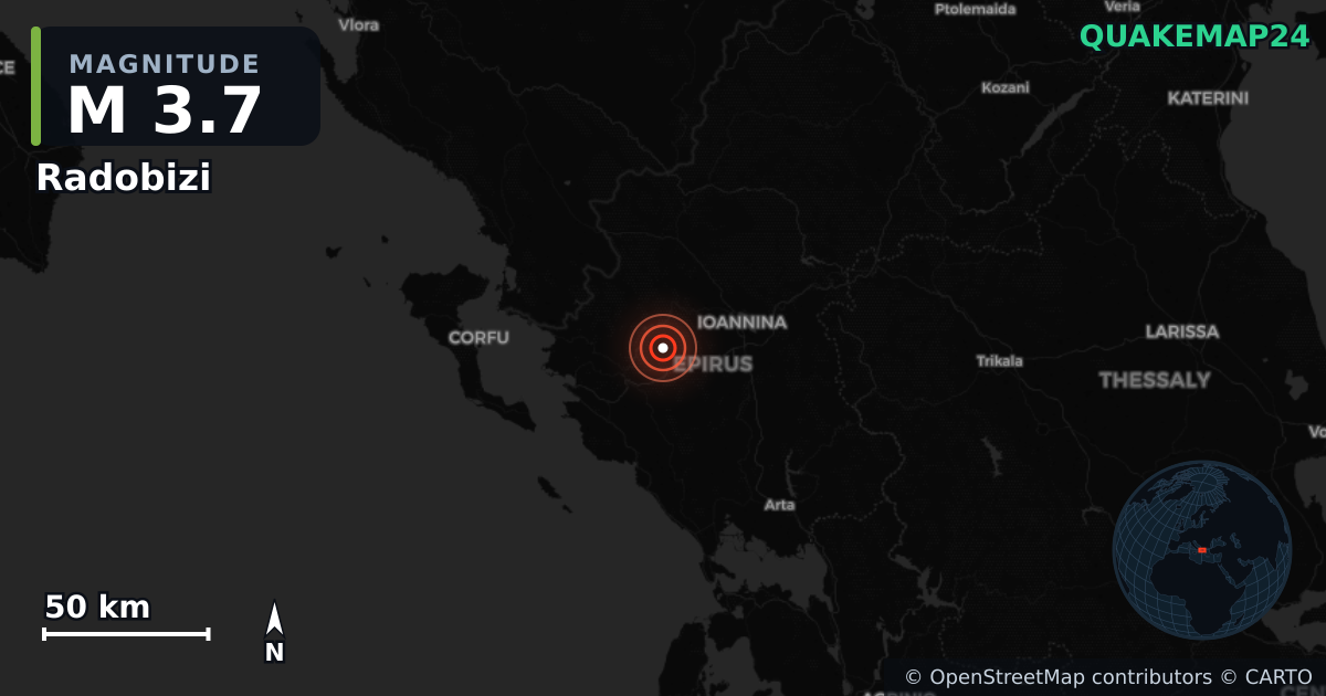 M3.7 earthquake near Radobizi on Apr 5, 2026 — map of epicenter and shaking intensity | QuakeMap24