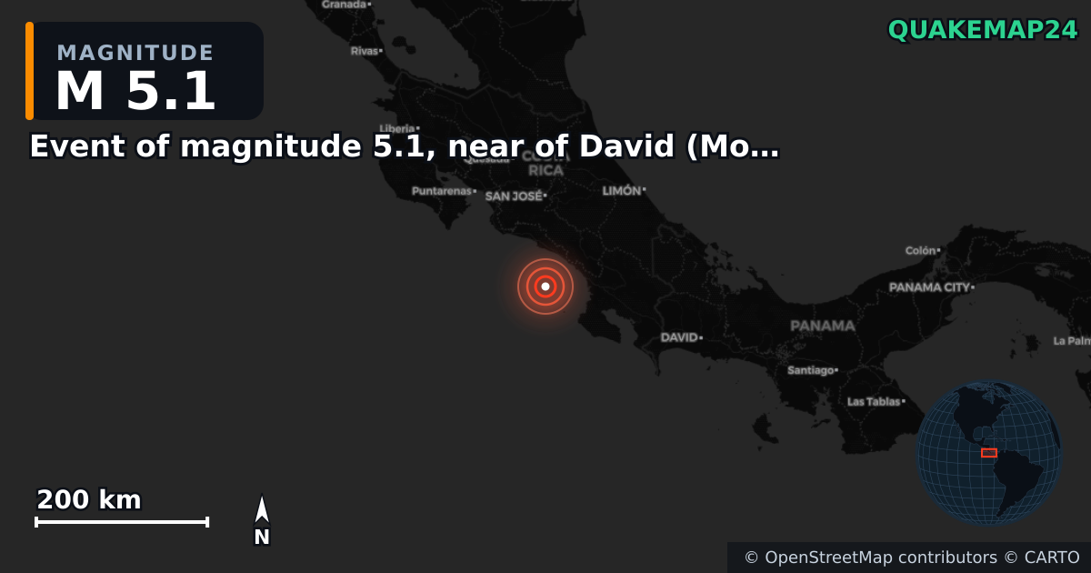 M5.1 earthquake near Event of magnitude 5.1, near of David (Monde) on Nov 18, 2025 — map of epicenter and shaking intensity | QuakeMap24