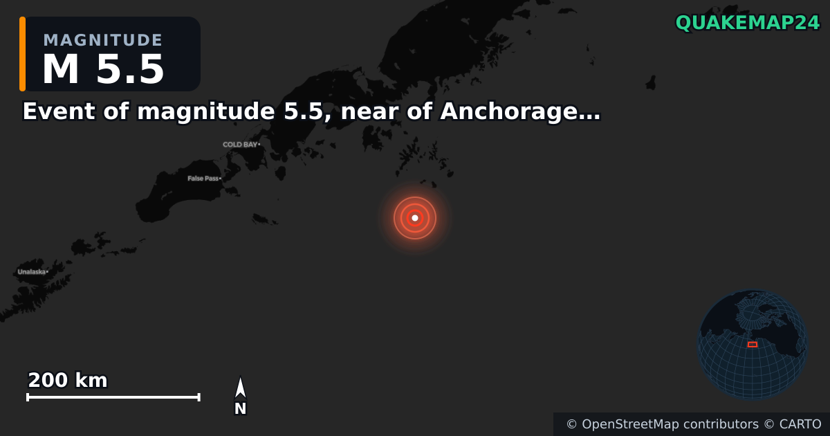 M5.5 earthquake near Event of magnitude 5.5, near of Anchorage (Monde) on Jan 22, 2026 — map of epicenter and shaking intensity | QuakeMap24