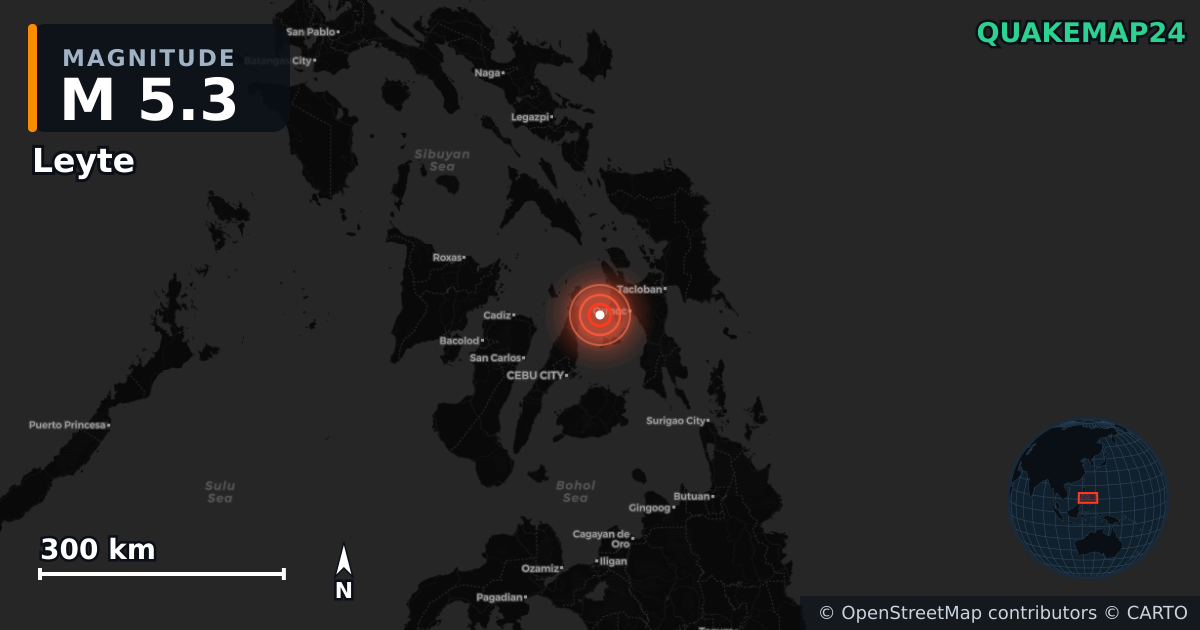 M5.3 earthquake near Leyte on Oct 2, 2025 — map of epicenter and shaking intensity | QuakeMap24