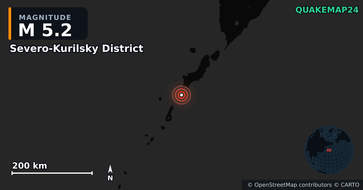 M5.2 earthquake near Severo-Kurilsky District on Aug 2, 2026 — map of epicenter and shaking intensity | QuakeMap24
