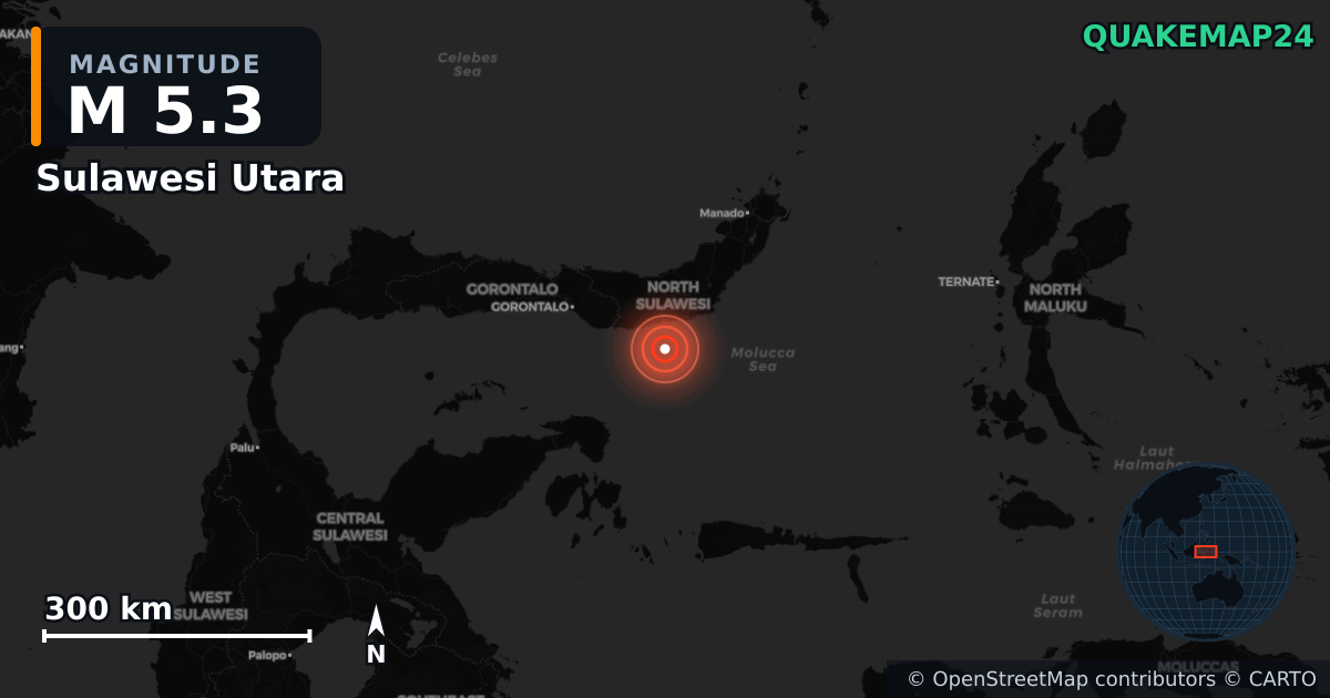 M5.3 earthquake near Sulawesi Utara on Nov 17, 2025 — map of epicenter and shaking intensity | QuakeMap24