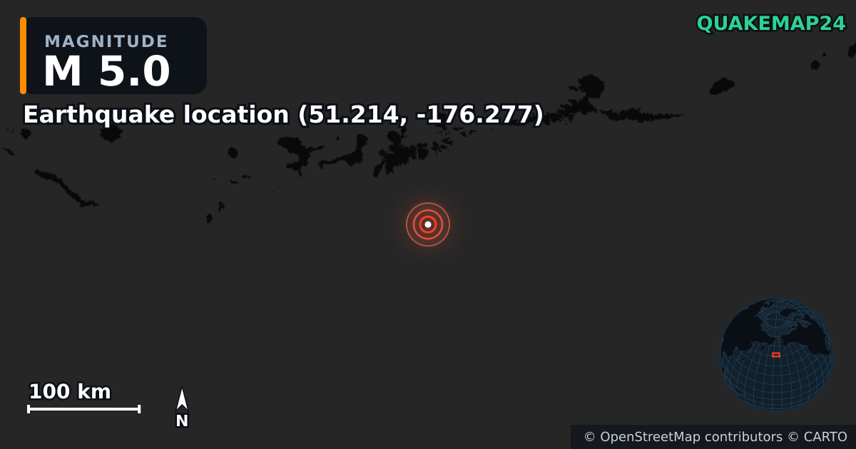 M5.0 earthquake near Local do sismo (51.214, -176.277) on Mar 22, 2025 — map of epicenter and shaking intensity | QuakeMap24