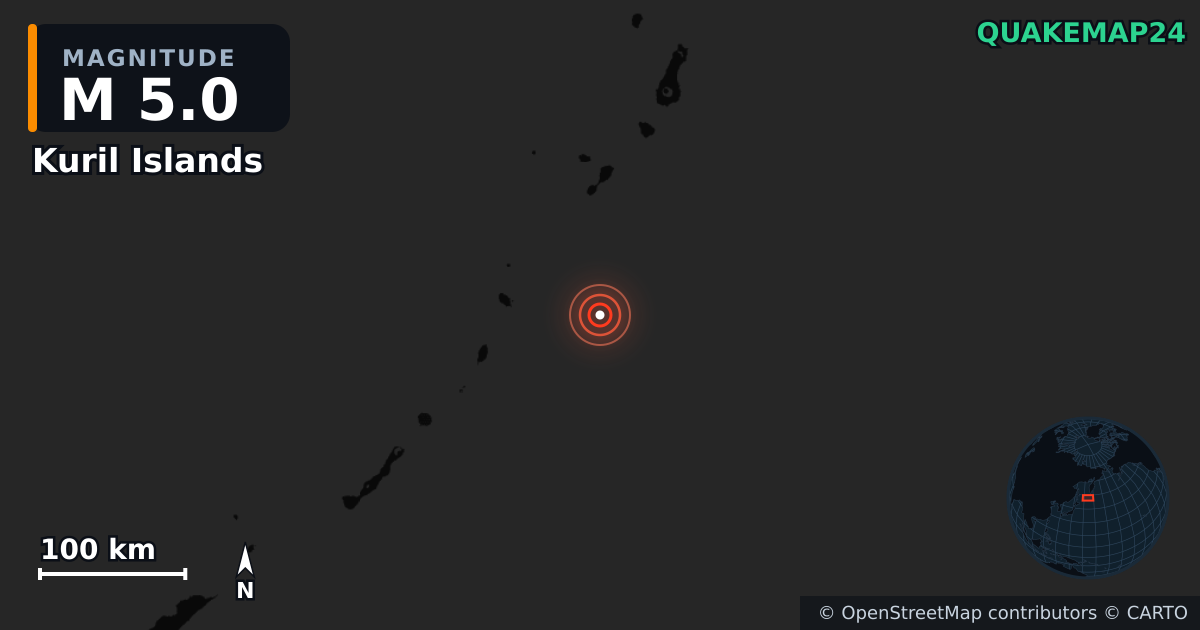 M5.0 earthquake near Kuril Islands on May 29, 2025 — map of epicenter and shaking intensity | QuakeMap24