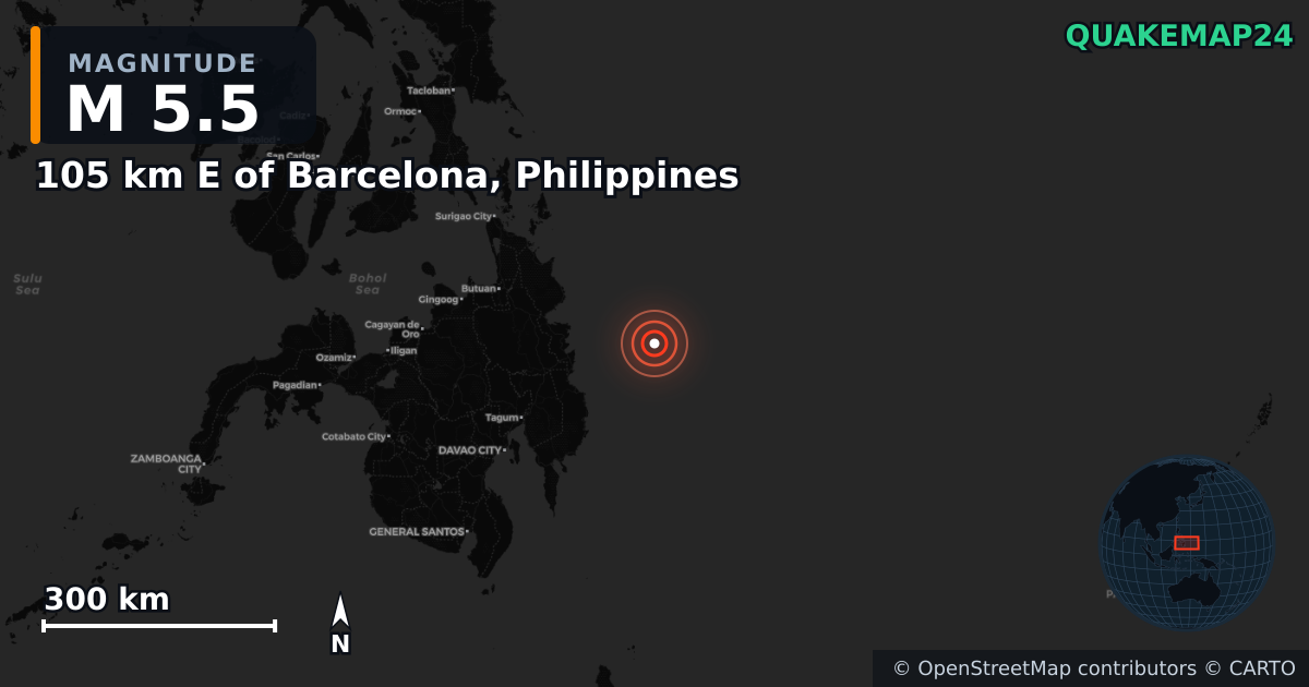 M5.5 earthquake near 105 km E of Barcelona, Philippines on Mar 12, 2025 — map of epicenter and shaking intensity | QuakeMap24