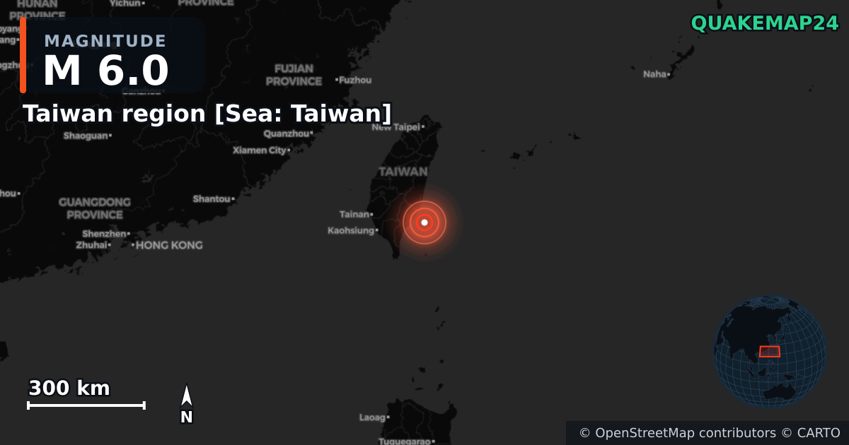 M6.0 earthquake near Taiwan region [Sea: Taiwan] on Dec 24, 2025 — map of epicenter and shaking intensity | QuakeMap24