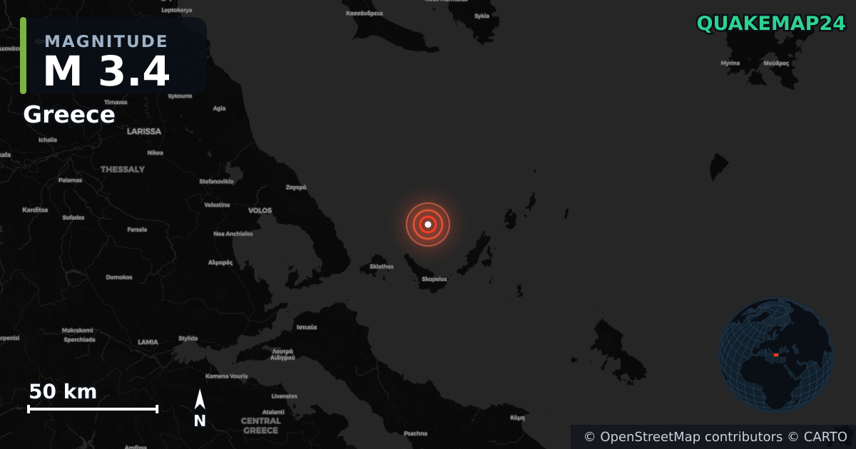 M3.4 earthquake near Greece on Jul 28, 2026 — map of epicenter and shaking intensity | QuakeMap24