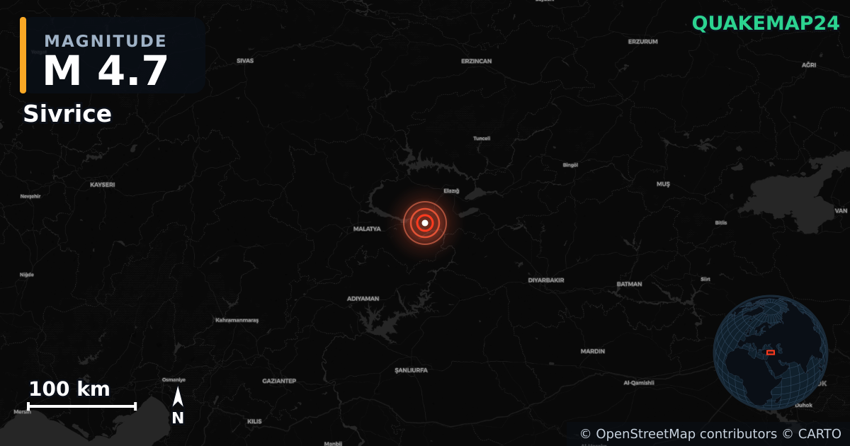 M4.7 earthquake near Sivrice on Jan 3, 2026 — map of epicenter and shaking intensity | QuakeMap24