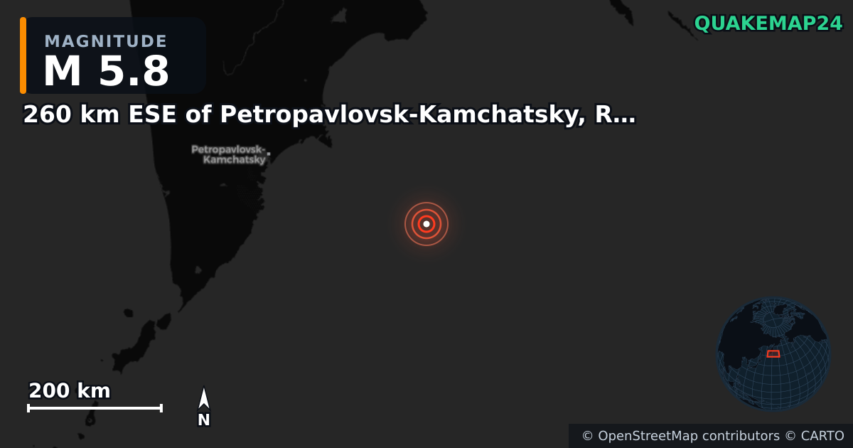 M5.8 earthquake near 260 km ESE of Petropavlovsk-Kamchatsky, Russia on Jul 30, 2025 — map of epicenter and shaking intensity | QuakeMap24