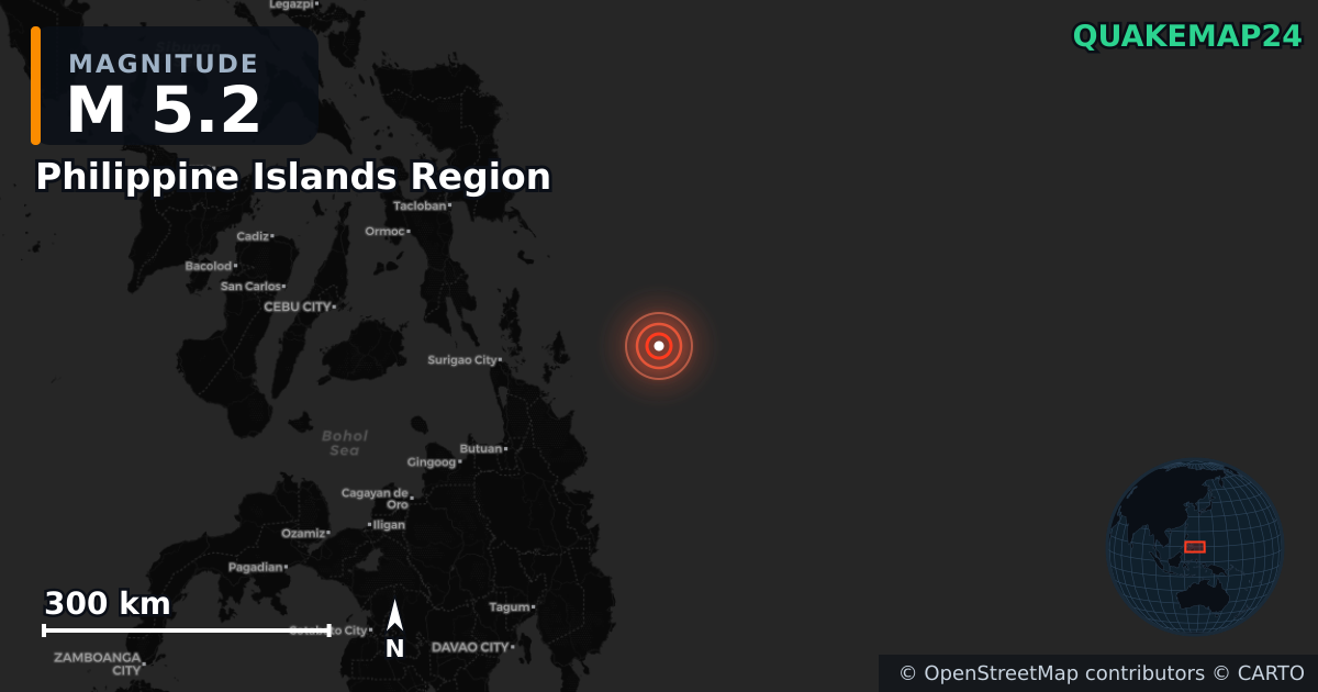 Erdbeben M5,2 bei Philippine Islands Region — Karte der Lage des Epizentrums