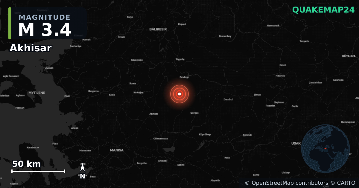 M3.4 earthquake near Akhisar on Jan 14, 2026 — map of epicenter and shaking intensity | QuakeMap24