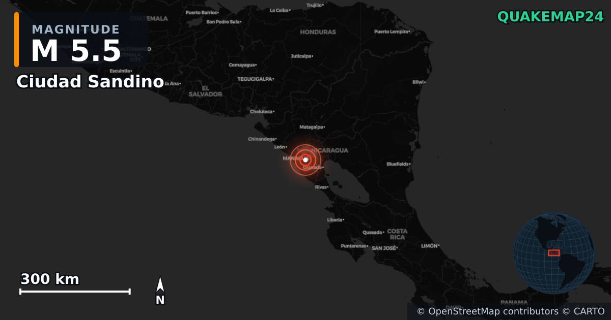 M5.5 earthquake near Ciudad Sandino on Mar 26, 2026 — map of epicenter and shaking intensity | QuakeMap24