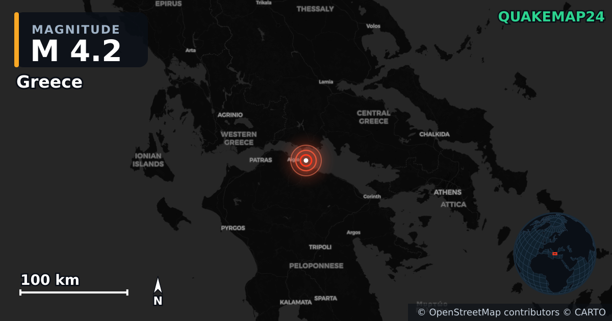 M4.2 earthquake near Greece on Apr 5, 2026 — map of epicenter and shaking intensity | QuakeMap24