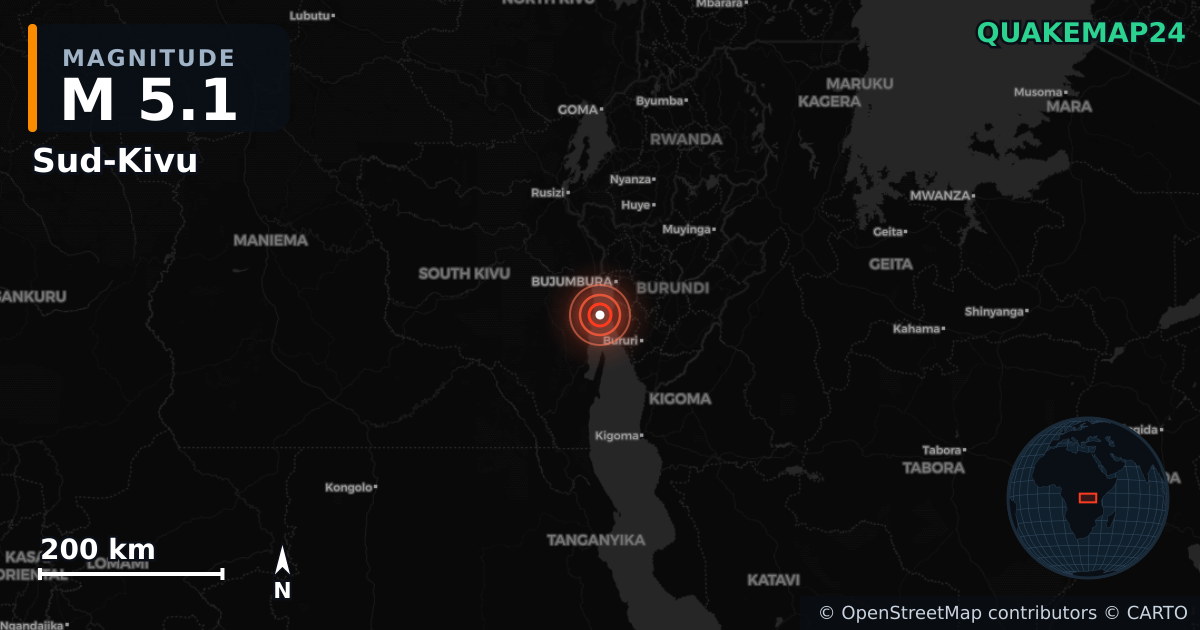 M5.1 earthquake near Sud-Kivu on Jul 28, 2025 — map of epicenter and shaking intensity | QuakeMap24