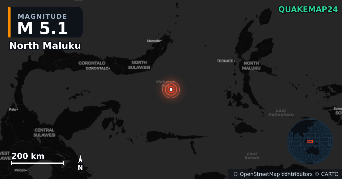 M5.1 earthquake near North Maluku on Jan 2, 2025 — map of epicenter and shaking intensity | QuakeMap24