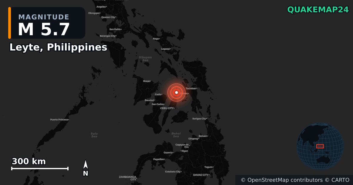 M5.7 earthquake near Leyte, Philippines on Oct 12, 2025 — map of epicenter and shaking intensity | QuakeMap24
