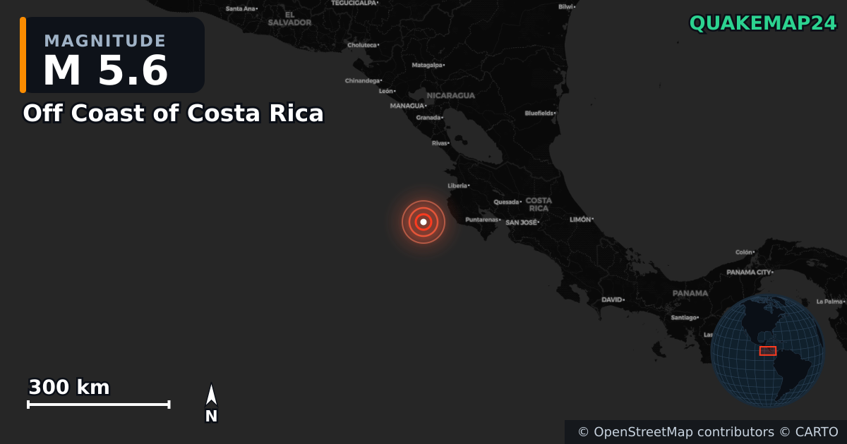 M5.6 earthquake near Off Coast of Costa Rica on Apr 15, 2026 — map of epicenter and shaking intensity | QuakeMap24