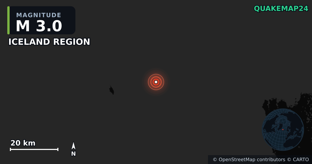 M3.0 earthquake near ICELAND REGION on Oct 20, 2025 — map of epicenter and shaking intensity | QuakeMap24