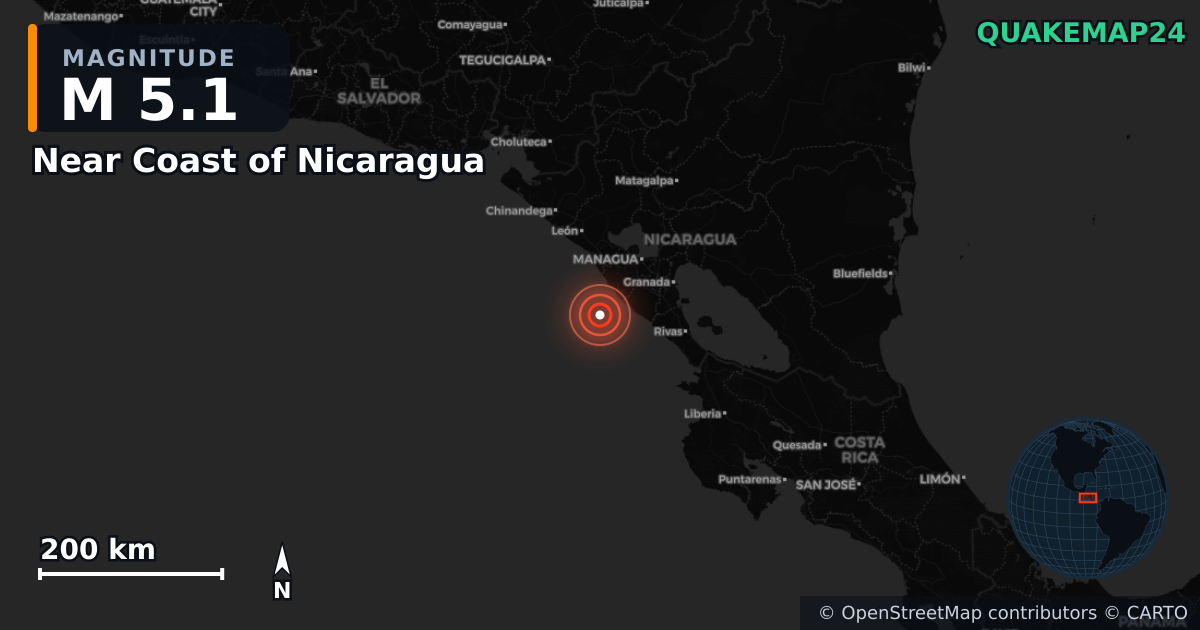 M5.1 earthquake near Near Coast of Nicaragua on Mar 30, 2026 — map of epicenter and shaking intensity | QuakeMap24