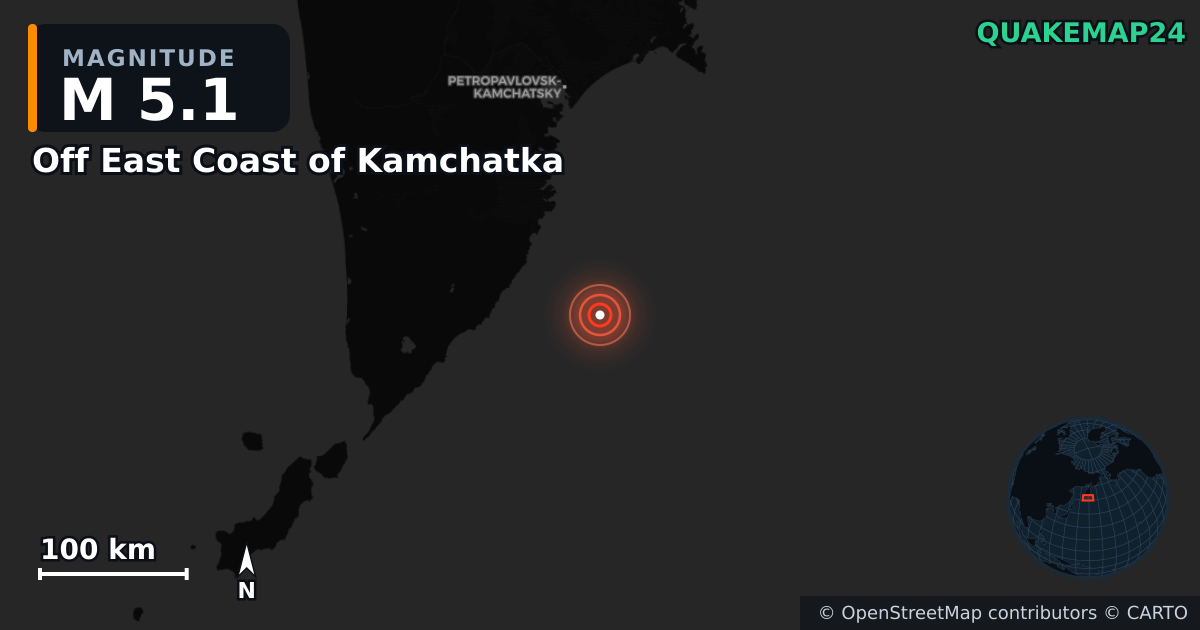 M5.1 earthquake near Off East Coast of Kamchatka on Apr 28, 2026 — map of epicenter and shaking intensity | QuakeMap24