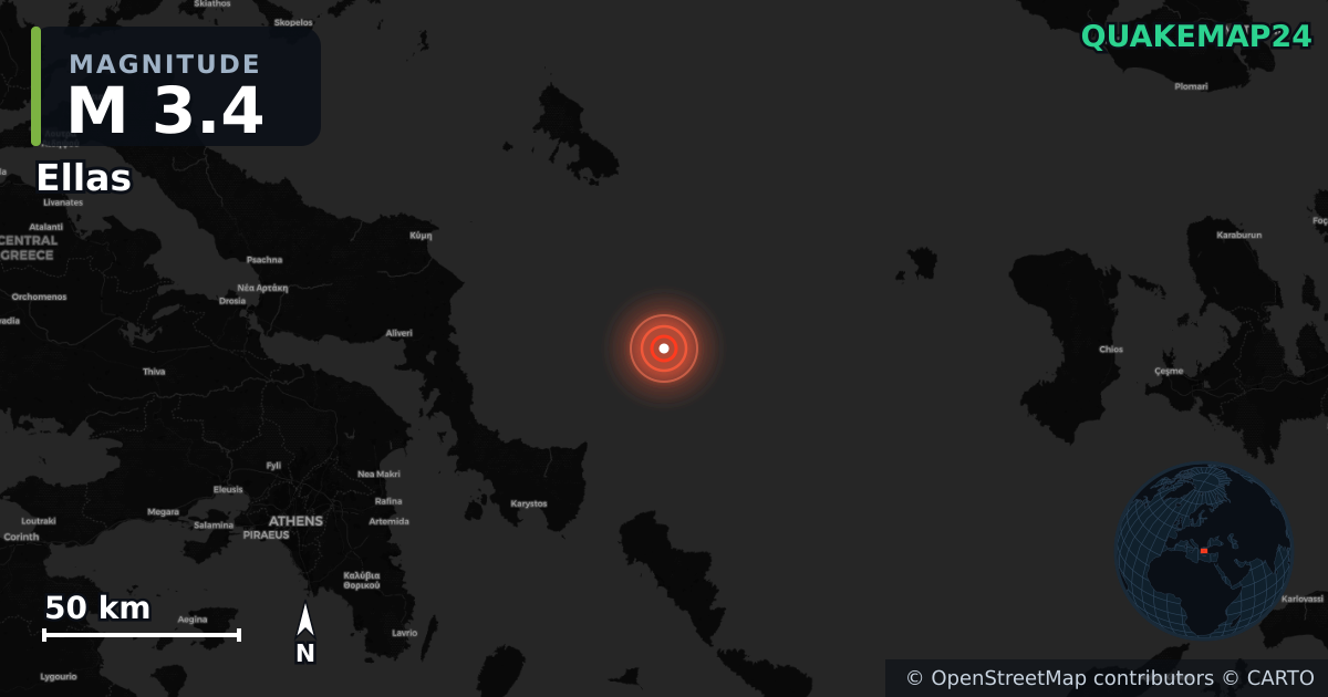 M3.4 earthquake near Ellas on Feb 18, 2026 — map of epicenter and shaking intensity | QuakeMap24
