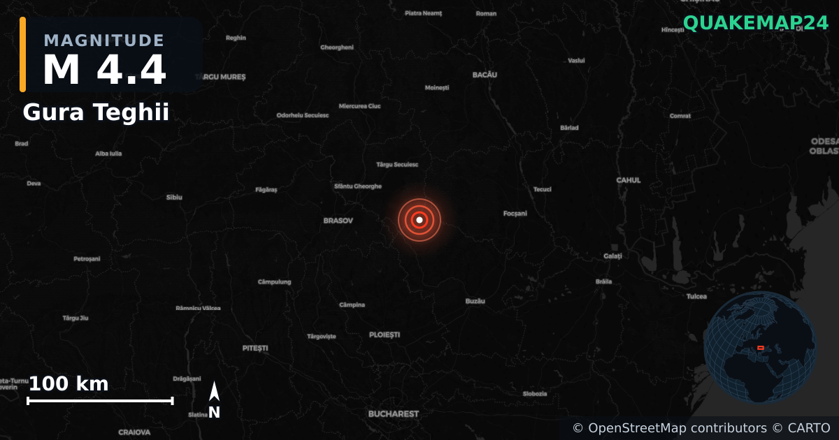M4.4 earthquake near Gura Teghii on Aug 25, 2026 — map of epicenter and shaking intensity | QuakeMap24
