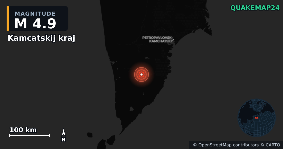 M4.9 earthquake near Kamcatskij kraj on Aug 6, 2025 — map of epicenter and shaking intensity | QuakeMap24