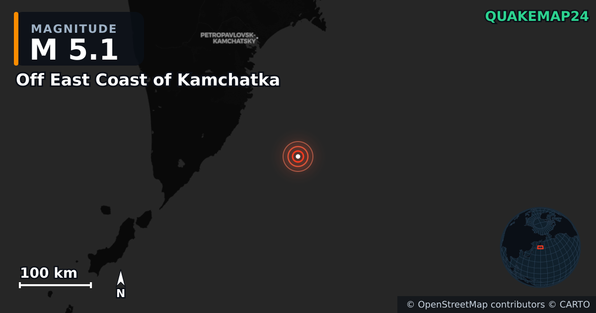 M5.1 earthquake near Off East Coast of Kamchatka on Sep 10, 2025 — map of epicenter and shaking intensity | QuakeMap24