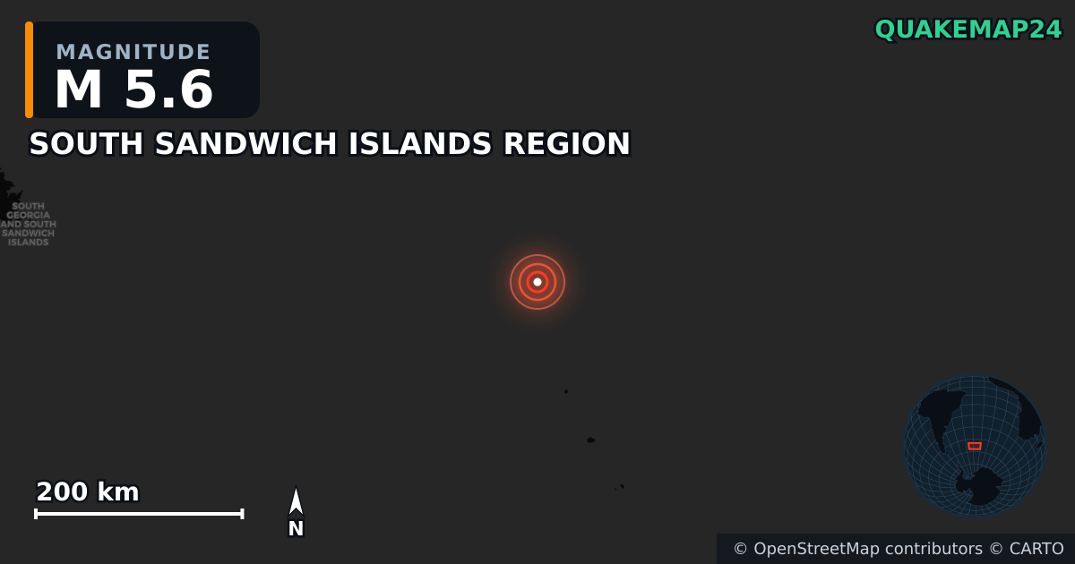 M5.6 earthquake near SOUTH SANDWICH ISLANDS REGION on Jun 10, 2025 — map of epicenter and shaking intensity | QuakeMap24