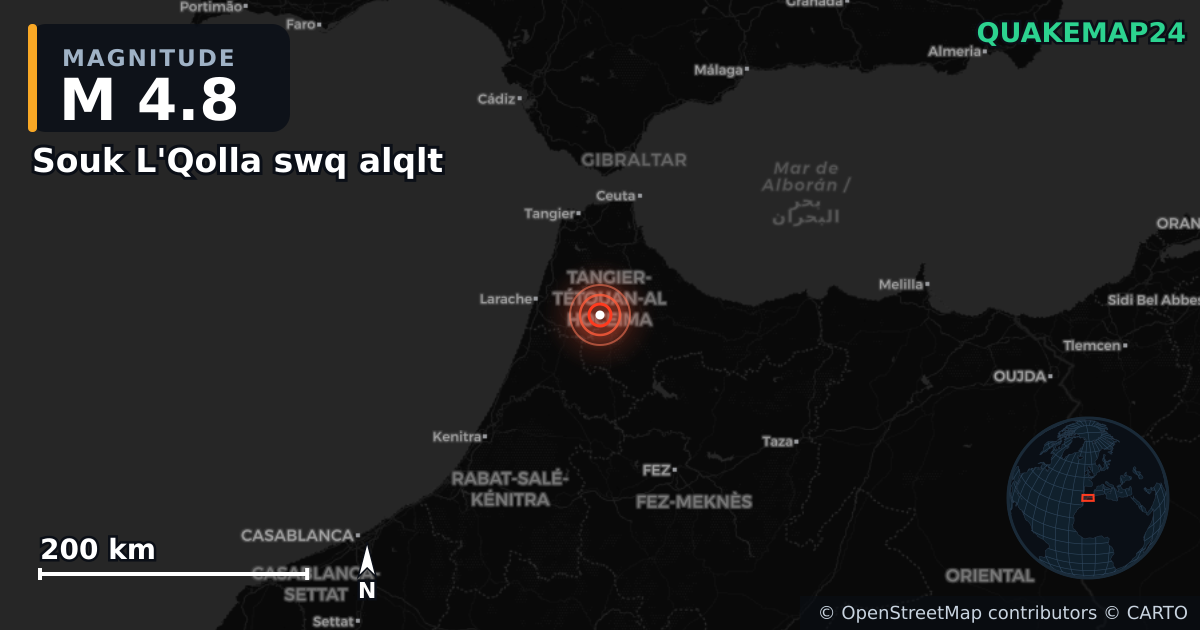 M4.8 earthquake near Souk L'Qolla swq alqlt on Feb 10, 2025 — map of epicenter and shaking intensity | QuakeMap24
