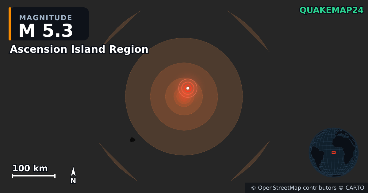 M5.3 earthquake near Ascension Island Region on Jun 20, 2026 — map of epicenter and shaking intensity | QuakeMap24