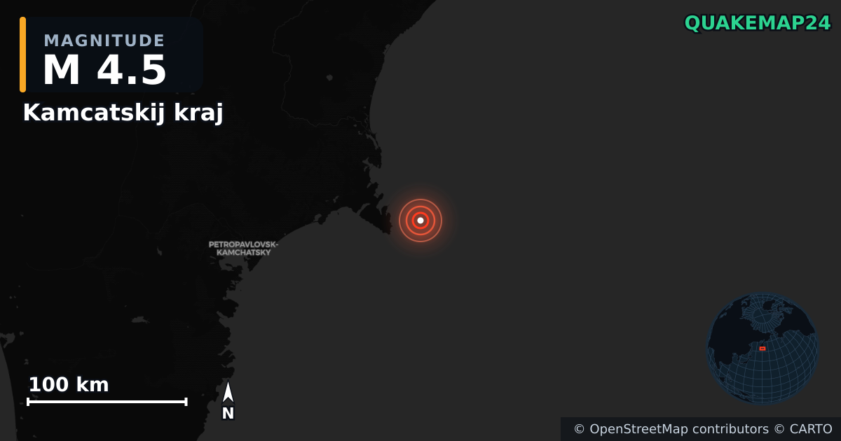 M4.5 earthquake near Kamcatskij kraj on Aug 25, 2025 — map of epicenter and shaking intensity | QuakeMap24