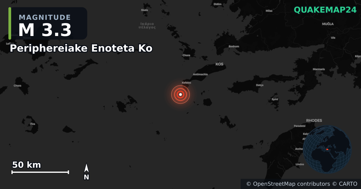 M3.3 earthquake near Periphereiake Enoteta Ko on Jun 6, 2026 — map of epicenter and shaking intensity | QuakeMap24
