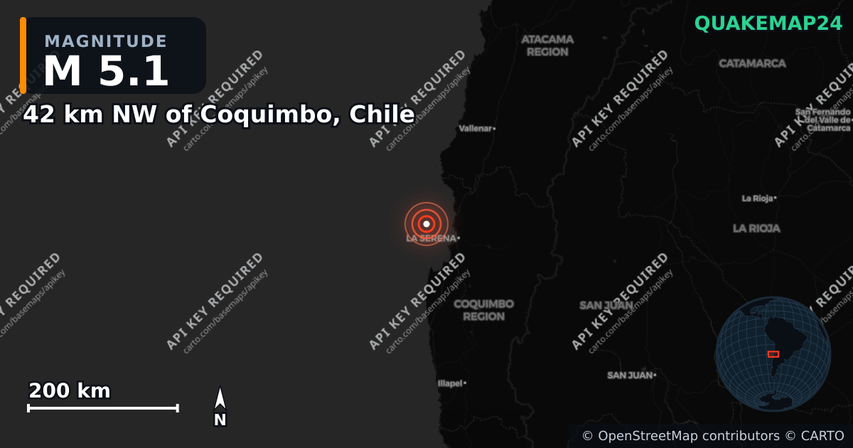 M5.1 earthquake near 42 km NW of Coquimbo, Chile on Sep 3, 2026 — map of epicenter and shaking intensity | QuakeMap24