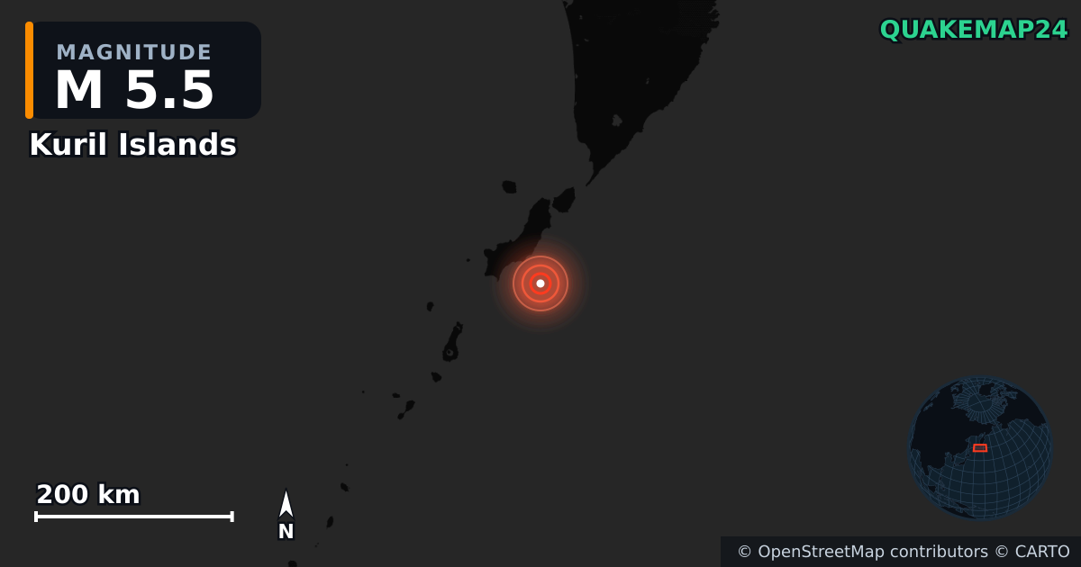 M5.5 earthquake near Kuril Islands on Oct 25, 2025 — map of epicenter and shaking intensity | QuakeMap24