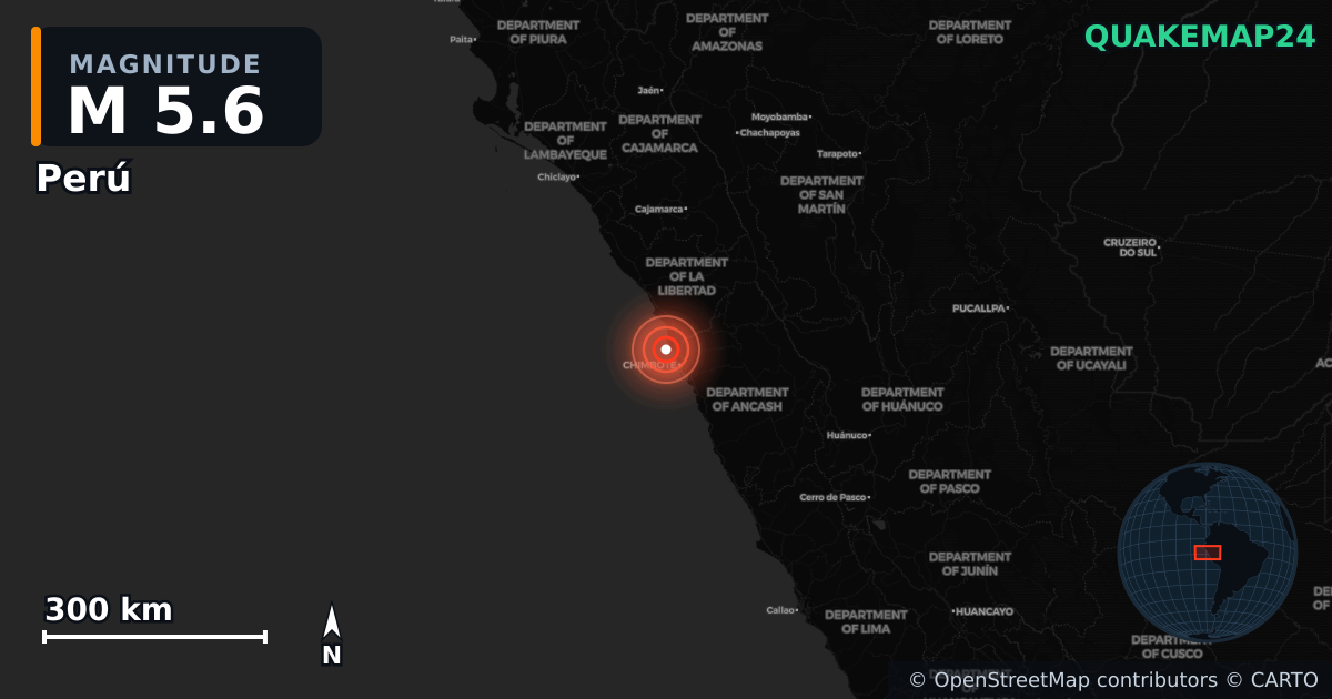 M5.6 earthquake near Perú on Dec 28, 2025 — map of epicenter and shaking intensity | QuakeMap24