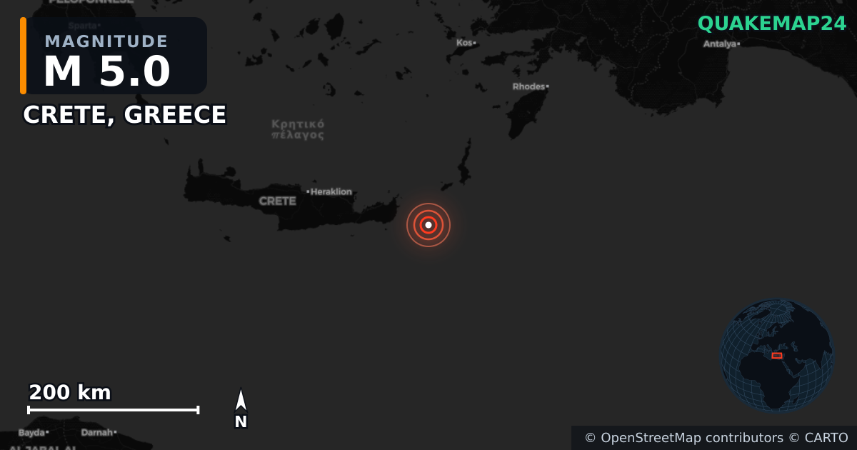 CRETE, GREECE yakınında M5,0 deprem — Deprem merkez üssünün konumunu gösteren harita