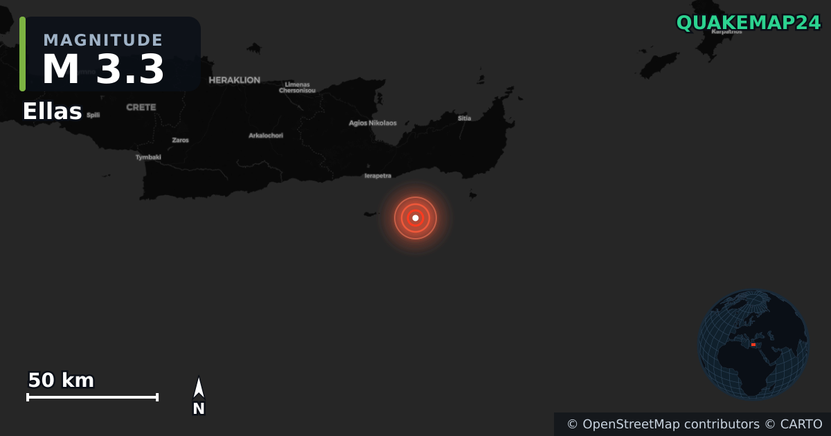 M3.3 earthquake near Ellas on Apr 27, 2026 — map of epicenter and shaking intensity | QuakeMap24