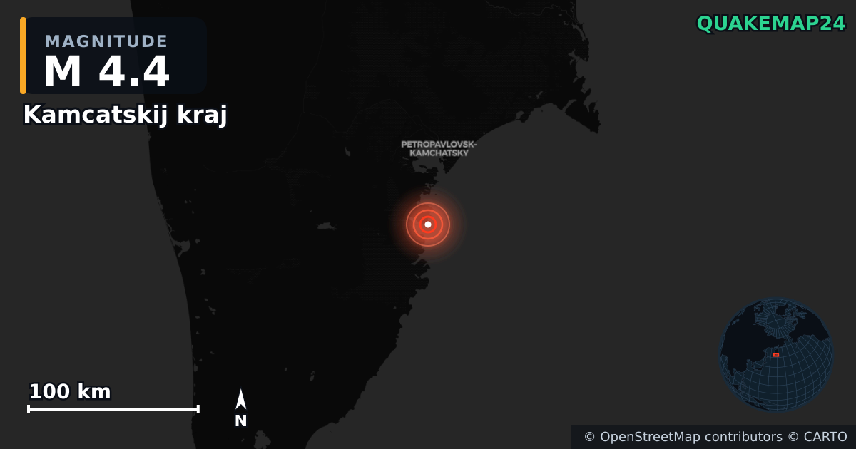 M4.4 earthquake near Kamcatskij kraj on Nov 26, 2025 — map of epicenter and shaking intensity | QuakeMap24
