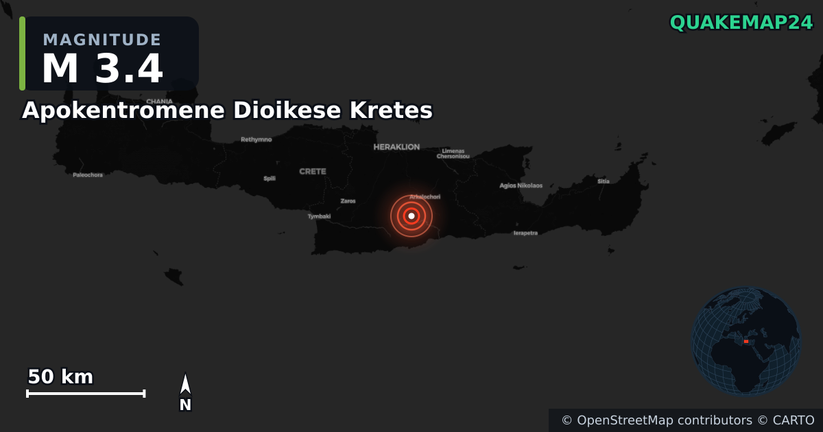 M3.4 earthquake near Apokentromene Dioikese Kretes on May 30, 2025 — map of epicenter and shaking intensity | QuakeMap24
