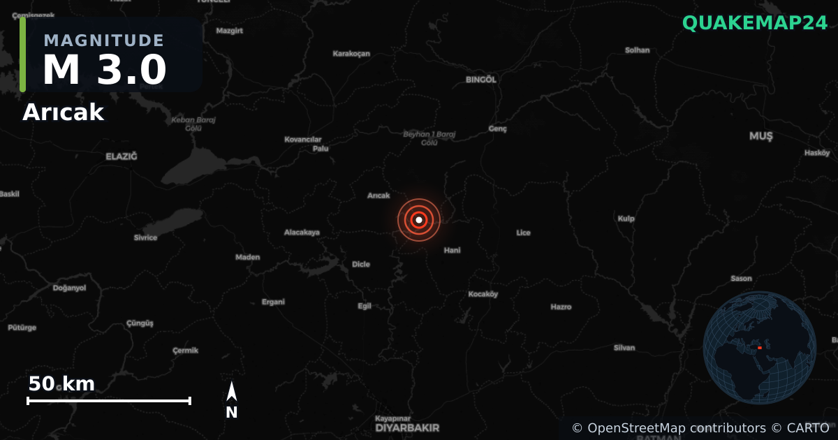 M3.0 earthquake near Arıcak on Jul 13, 2026 — map of epicenter and shaking intensity | QuakeMap24