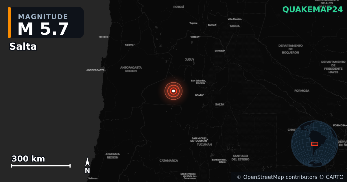 M5.7 earthquake near Salta on Sep 4, 2025 — map of epicenter and shaking intensity | QuakeMap24