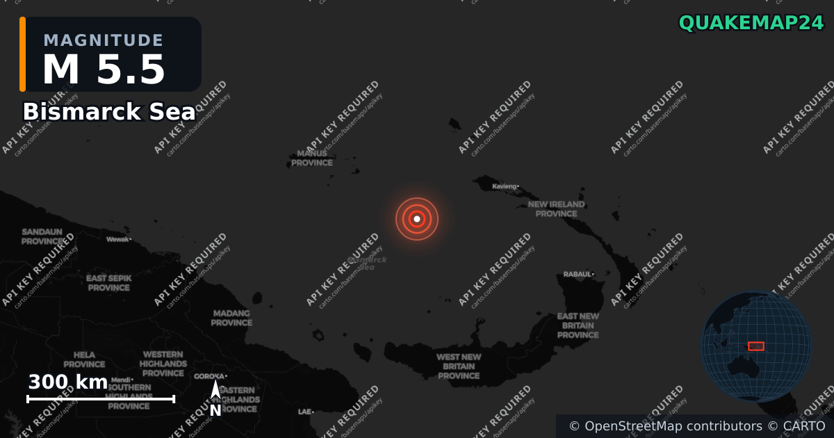 M5.5 earthquake near Bismarck Sea on Apr 30, 2026 — map of epicenter and shaking intensity | QuakeMap24