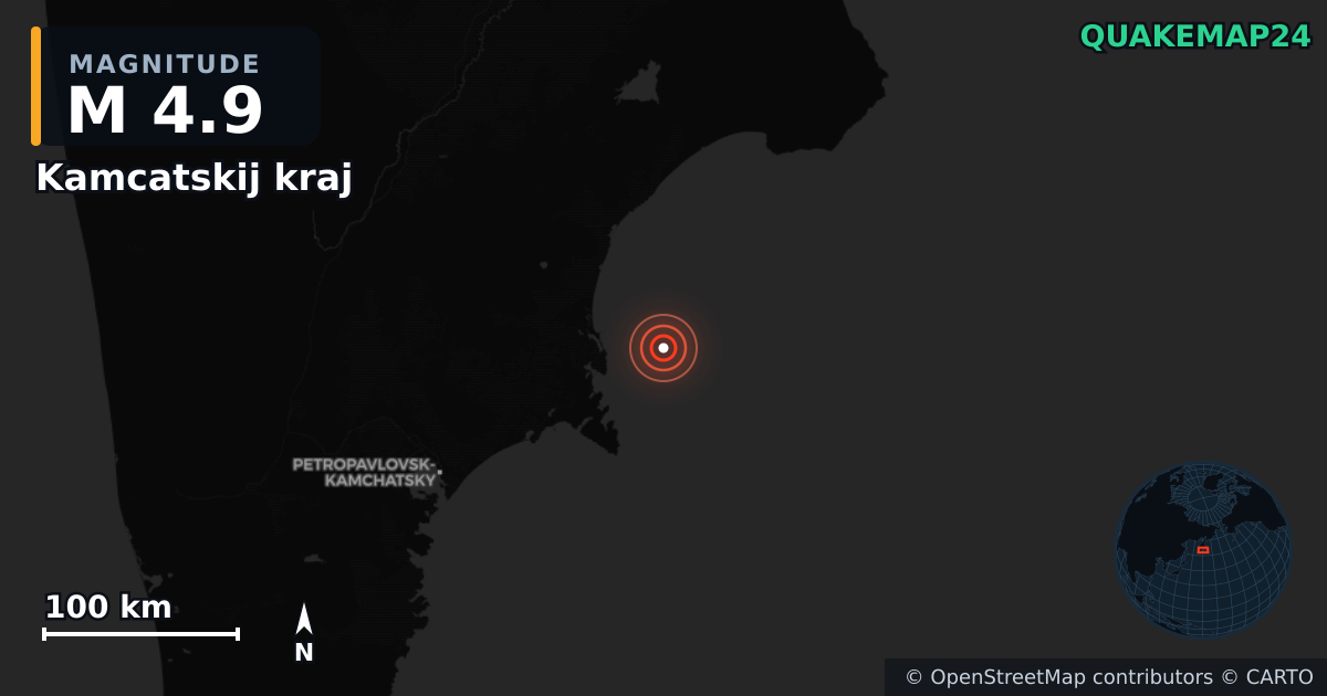M4.9 earthquake near Kamcatskij kraj on Sep 13, 2025 — map of epicenter and shaking intensity | QuakeMap24