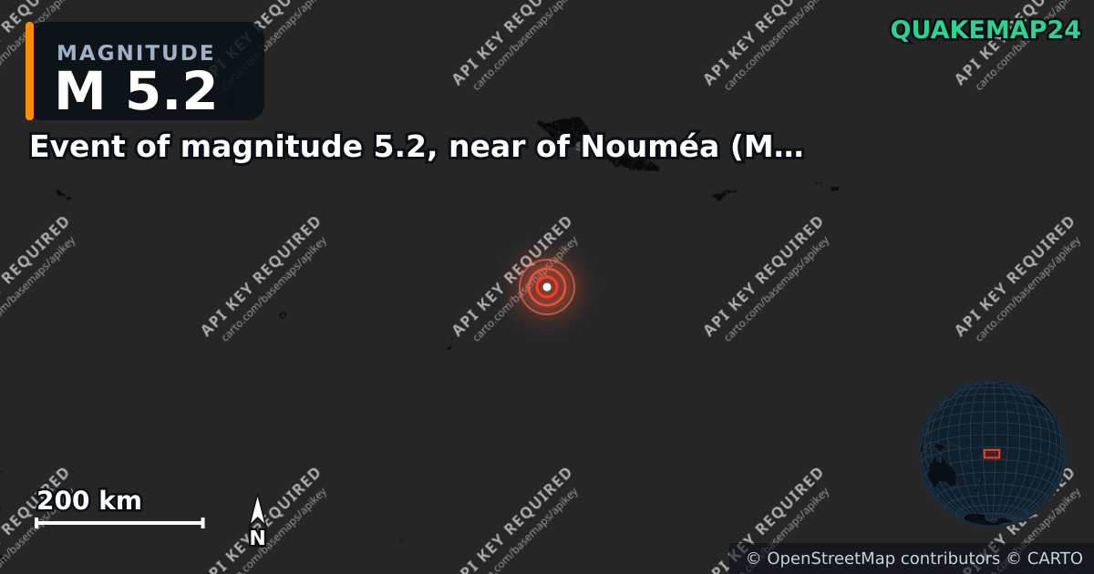 M5.2 earthquake near Event of magnitude 5.2, near of Nouméa (Monde) on Mar 23, 2026 — map of epicenter and shaking intensity | QuakeMap24