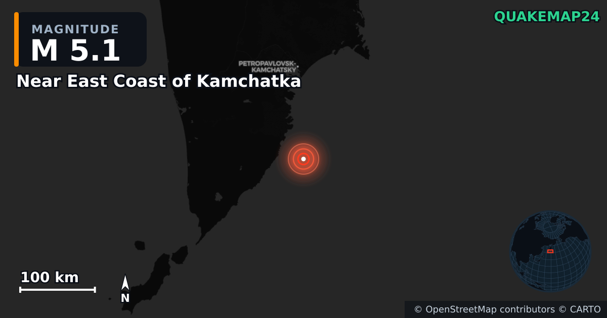 M5.1 earthquake near Near East Coast of Kamchatka on Dec 31, 2025 — map of epicenter and shaking intensity | QuakeMap24