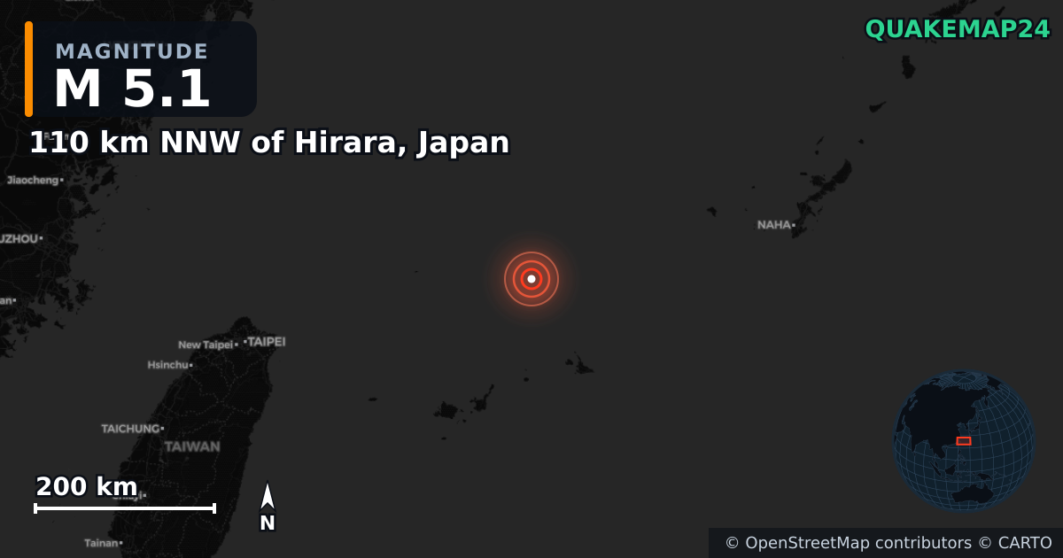 M5.1 earthquake near 110 km NNW of Hirara, Japan on Mar 22, 2025 — map of epicenter and shaking intensity | QuakeMap24