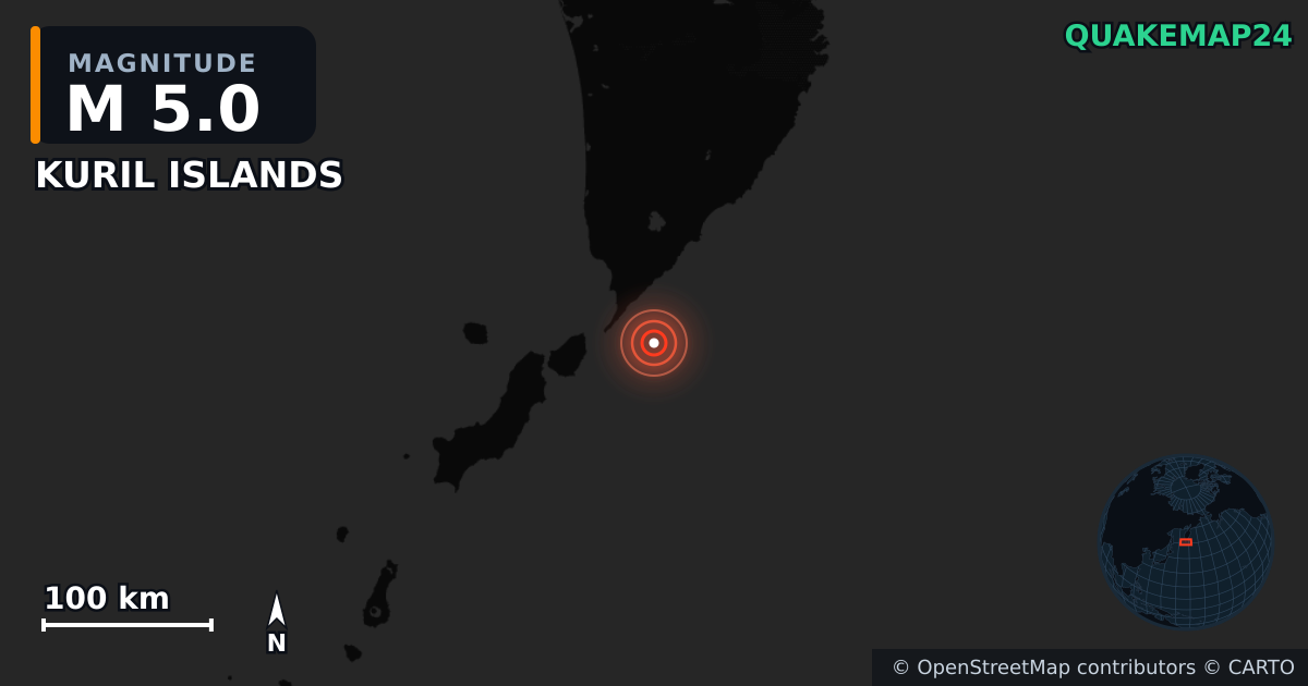 M5.0 earthquake near KURIL ISLANDS on Sep 7, 2025 — map of epicenter and shaking intensity | QuakeMap24